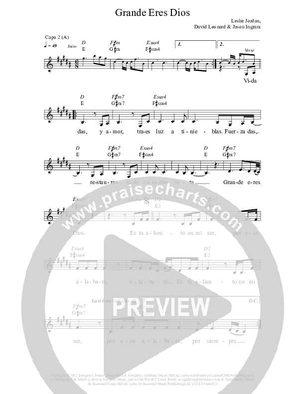 Grande Eres Dios (Great Are You Lord) Lead Sheet (Jaci Velasquez / Nic Gonzales)