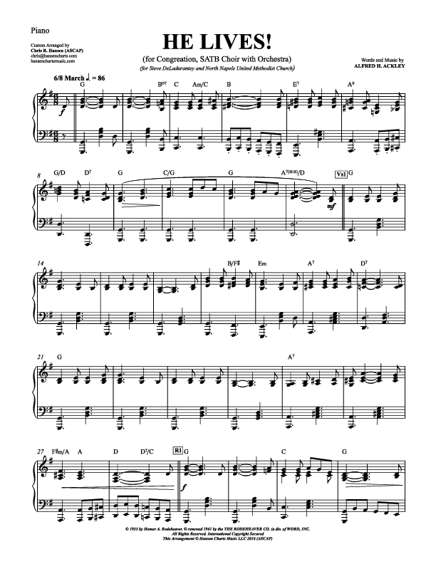 He Lives Piano Sheet (Chris Hansen)