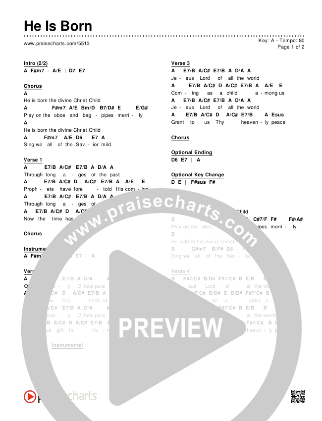 He Is Born Chords & Lyrics ( / Traditional Carol / PraiseCharts)