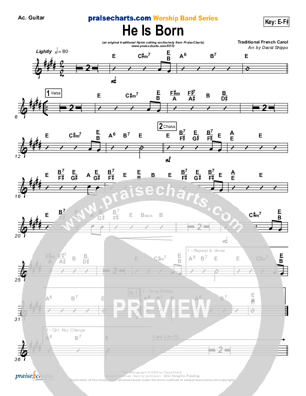 He Is Born Acoustic Guitar ( / Traditional Carol / PraiseCharts)