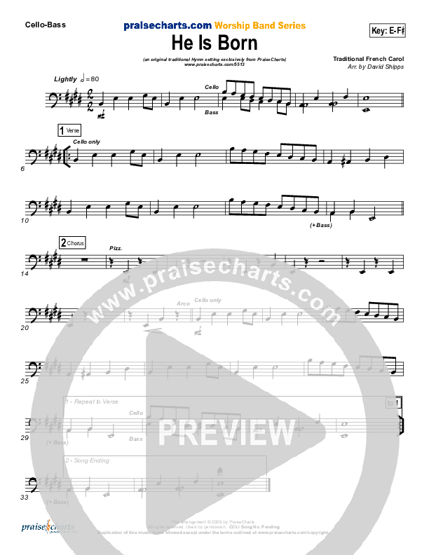 He Is Born Cello/Bass ( / Traditional Carol / PraiseCharts)