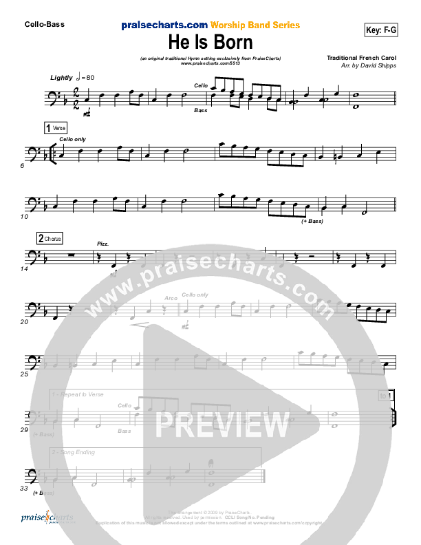He Is Born Cello/Bass ( / Traditional Carol / PraiseCharts)