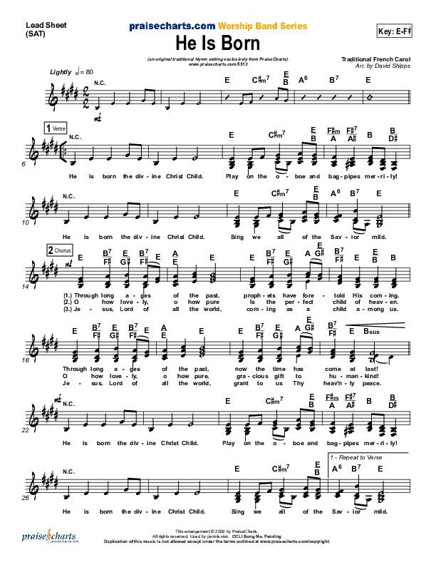 He Is Born Lead Sheet ( / Traditional Carol / PraiseCharts)