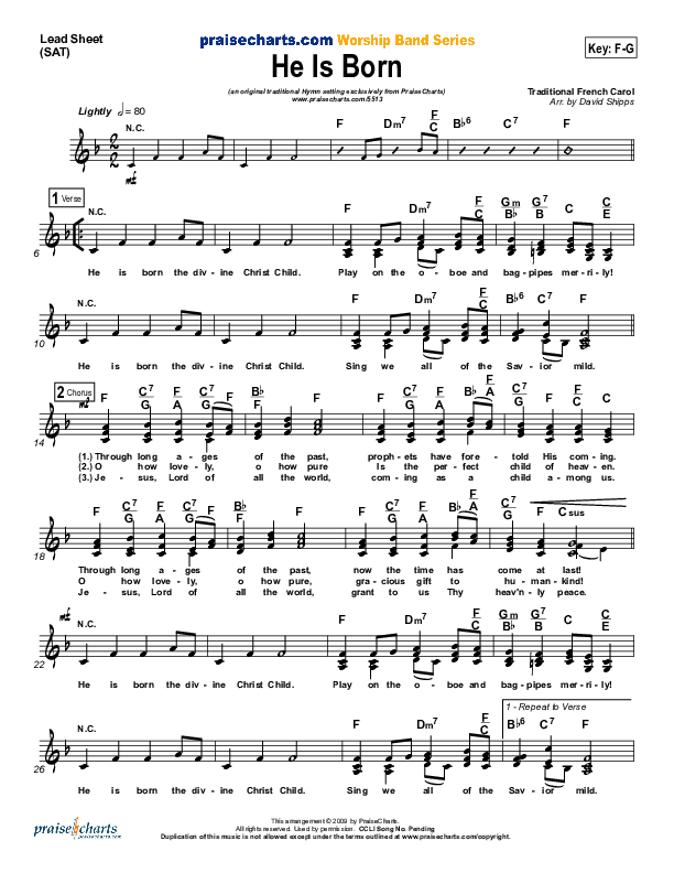 He Is Born Lead Sheet ( / Traditional Carol / PraiseCharts)