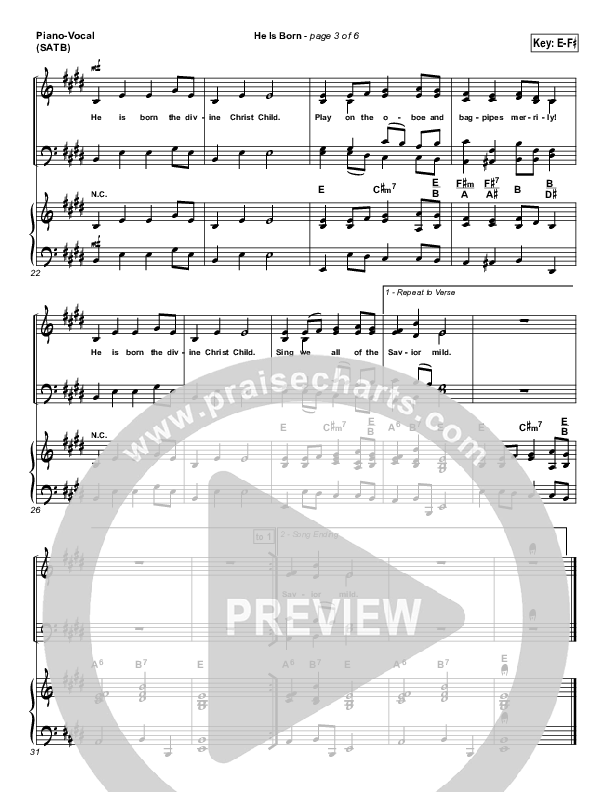 He Is Born Lead & Piano ( / Traditional Carol / PraiseCharts)