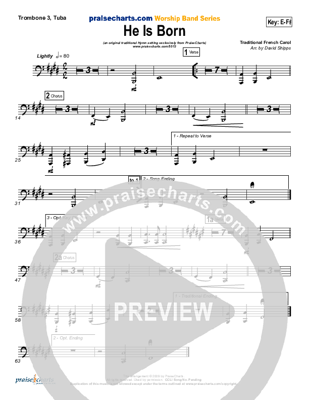 He Is Born Trombone 3/Tuba ( / Traditional Carol / PraiseCharts)