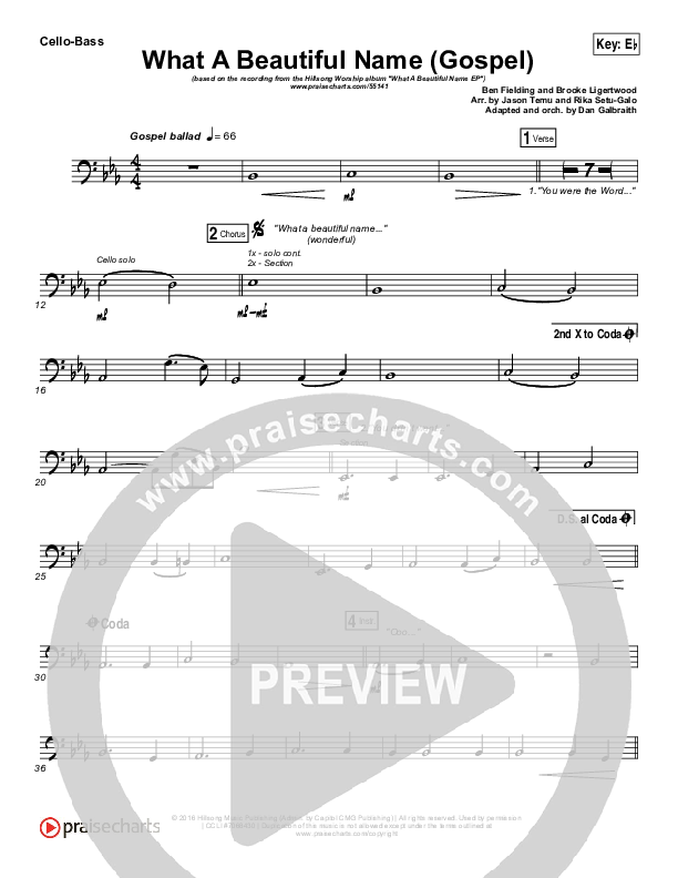 What A Beautiful Name (Gospel) Cello/Bass (Hillsong Worship)