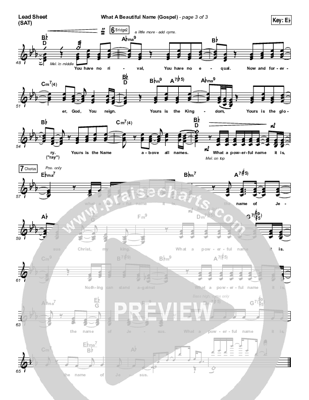 What A Beautiful Name (Gospel) Lead Sheet (SAT) (Hillsong Worship)
