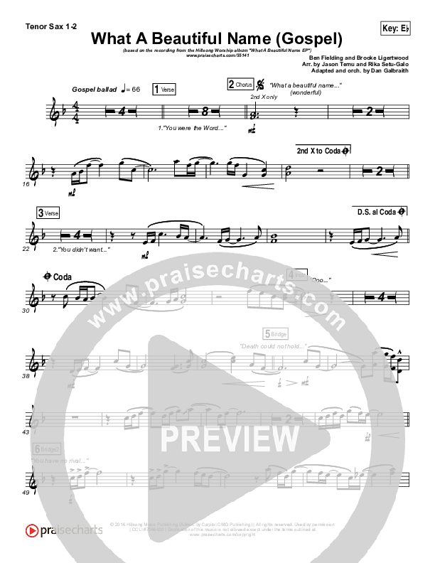 What A Beautiful Name (Gospel) Tenor Sax 1/2 (Hillsong Worship)