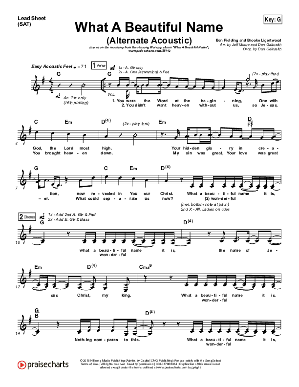 What A Beautiful Name (Alternate Acoustic) Lead Sheet (SAT) (Hillsong Worship)