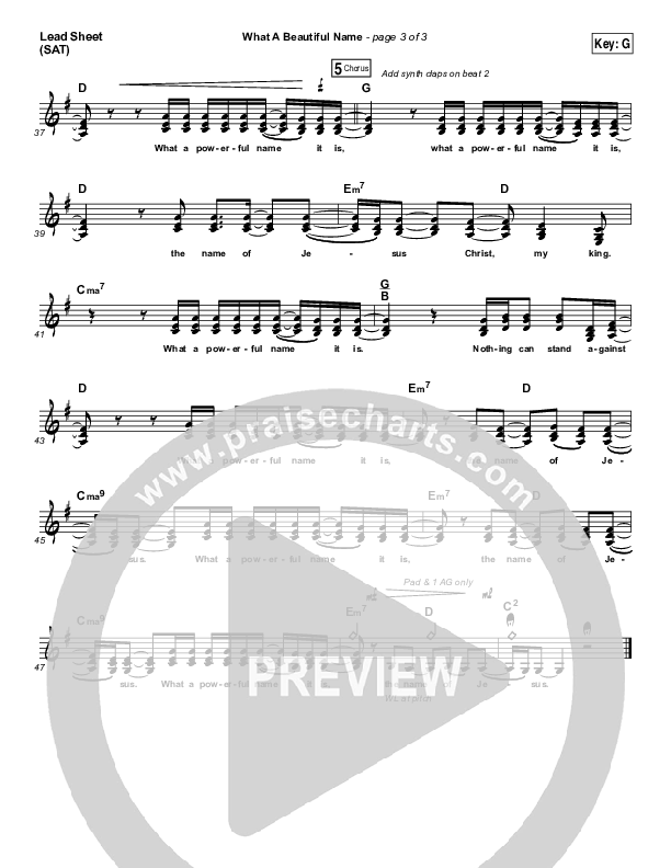 What A Beautiful Name (Alternate Acoustic) Lead Sheet (SAT) (Hillsong Worship)