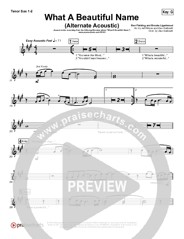 What A Beautiful Name (Alternate Acoustic) Tenor Sax 1/2 (Hillsong Worship)