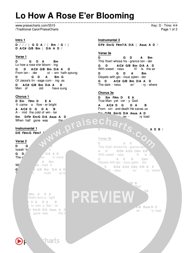 Lo How A Rose E'er Blooming Chords & Lyrics ( / Traditional Carol / PraiseCharts)
