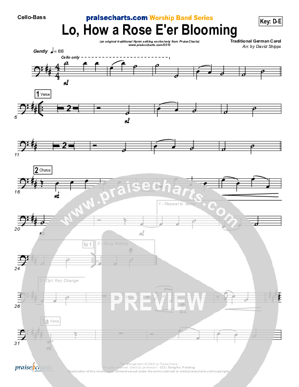 Lo How A Rose E'er Blooming Cello/Bass ( / Traditional Carol / PraiseCharts)