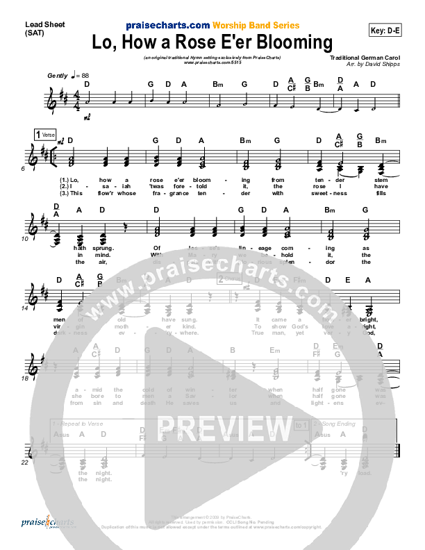 Lo How A Rose E'er Blooming Lead Sheet ( / Traditional Carol / PraiseCharts)