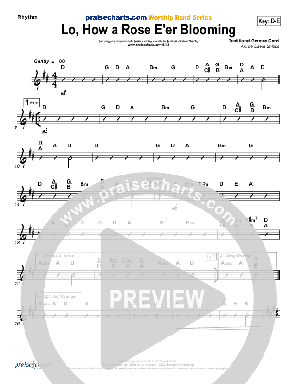 Lo How A Rose E'er Blooming Rhythm Chart ( / Traditional Carol / PraiseCharts)
