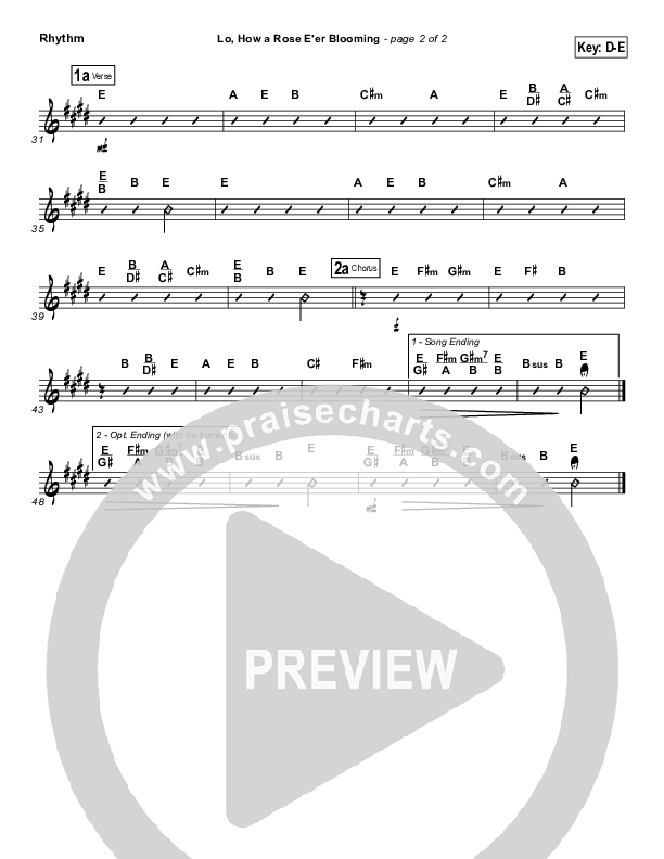Lo How A Rose E'er Blooming Rhythm Chart ( / Traditional Carol / PraiseCharts)