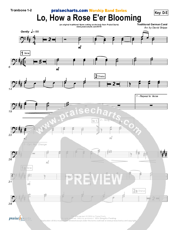 Lo How A Rose E'er Blooming Trombone 1/2 ( / Traditional Carol / PraiseCharts)