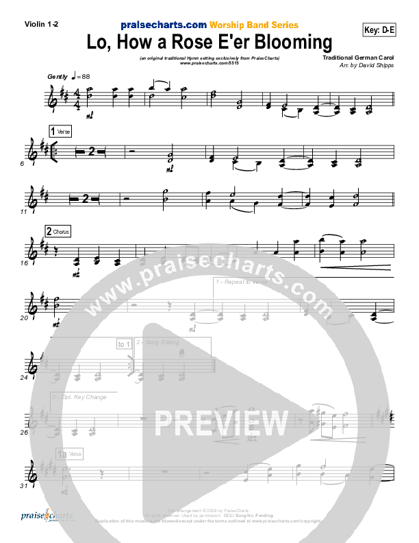 Lo How A Rose E'er Blooming Violin 1/2 ( / Traditional Carol / PraiseCharts)