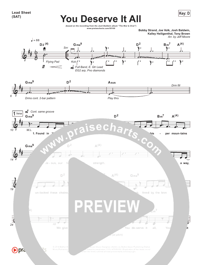 You Deserve It All Lead Sheet Josh Baldwin Praisecharts