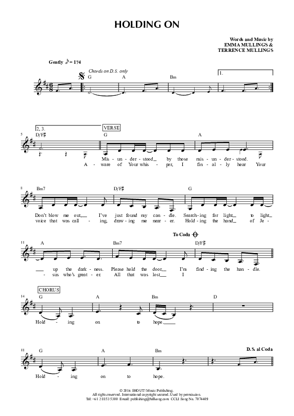 Holding On Lead Sheet (Emma Mullings)