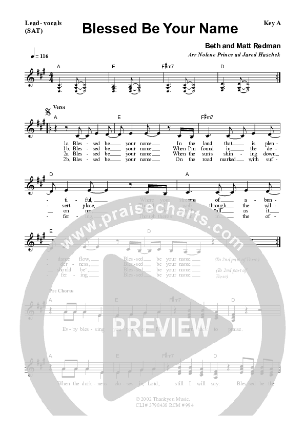 Blessed Be Your Name Lead Sheet (SAT) (Dennis Prince / Nolene Prince)