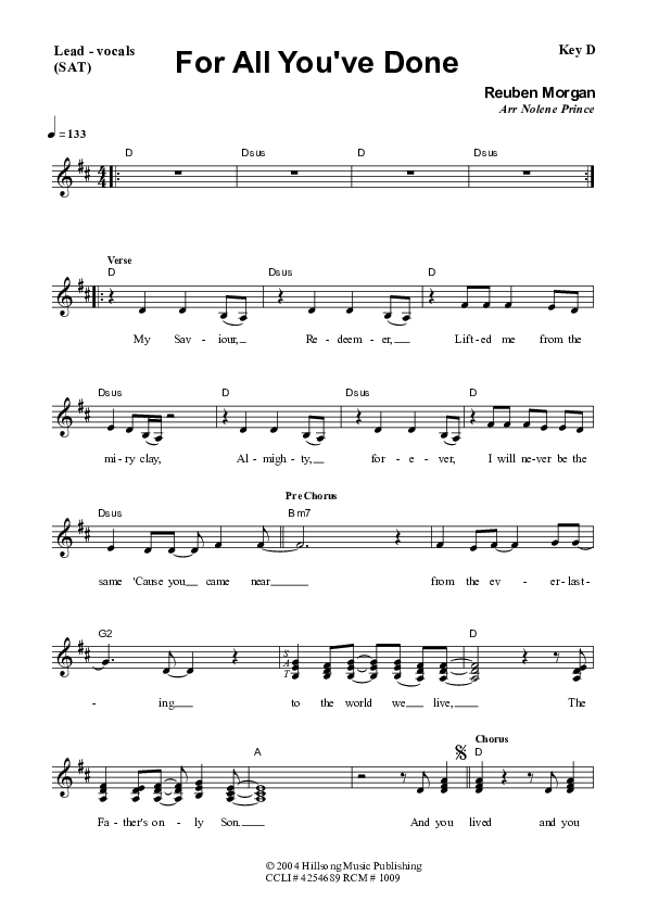For All You've Done Lead Sheet (SAT) (Dennis Prince / Nolene Prince)