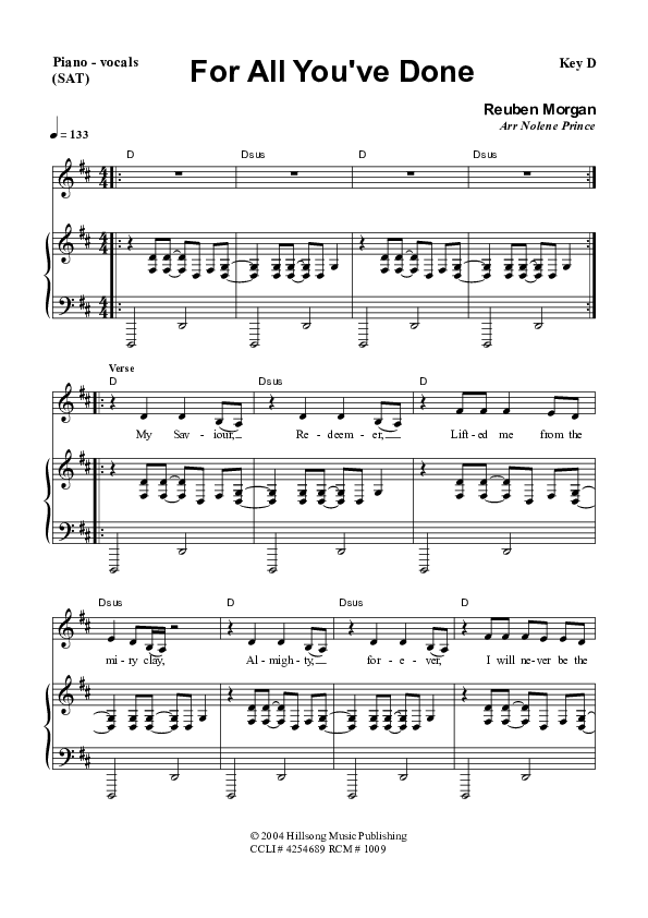 For All You've Done Piano/Vocal (SAT) (Dennis Prince / Nolene Prince)