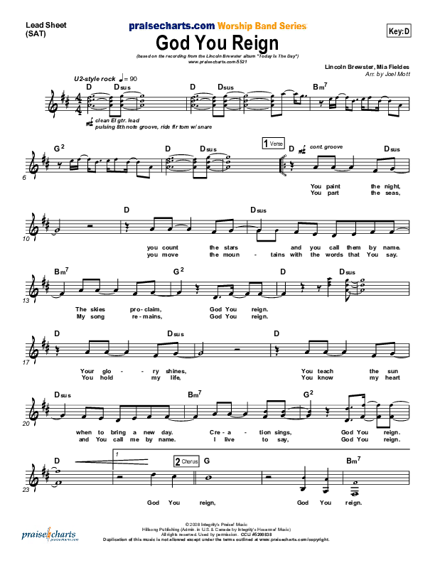 God You Reign Lead Sheet (SAT) (Lincoln Brewster)