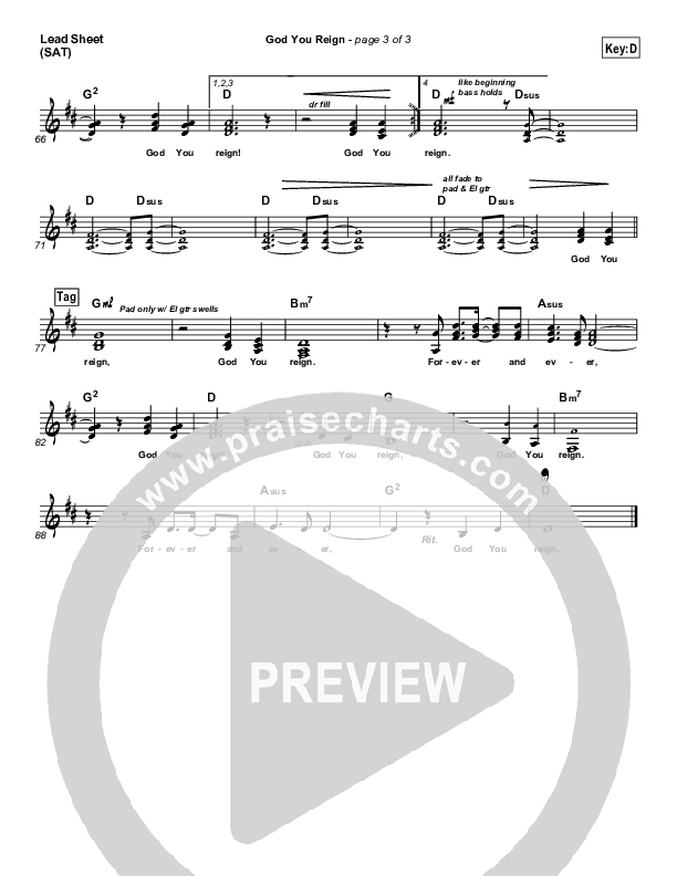 God You Reign Lead Sheet (SAT) (Lincoln Brewster)