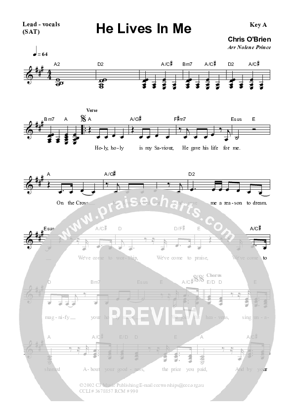 He Lives In Me Piano/Vocal & Lead (Dennis Prince / Nolene Prince)