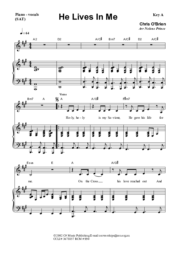 He Lives In Me Piano/Vocal & Lead (Dennis Prince / Nolene Prince)