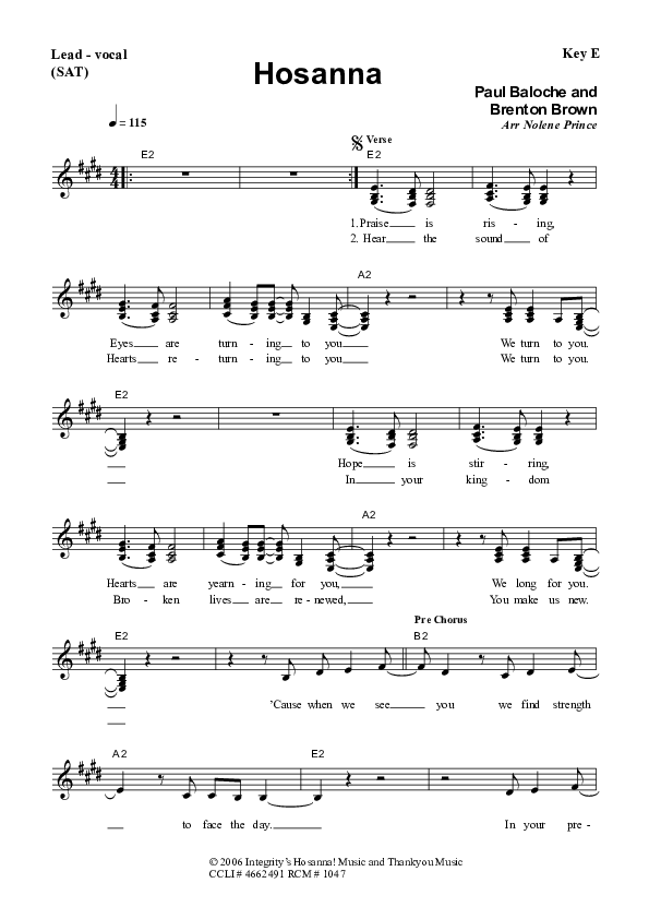 Hosanna (Praise Is Rising) Piano/Vocal & Lead (Dennis Prince / Nolene Prince)