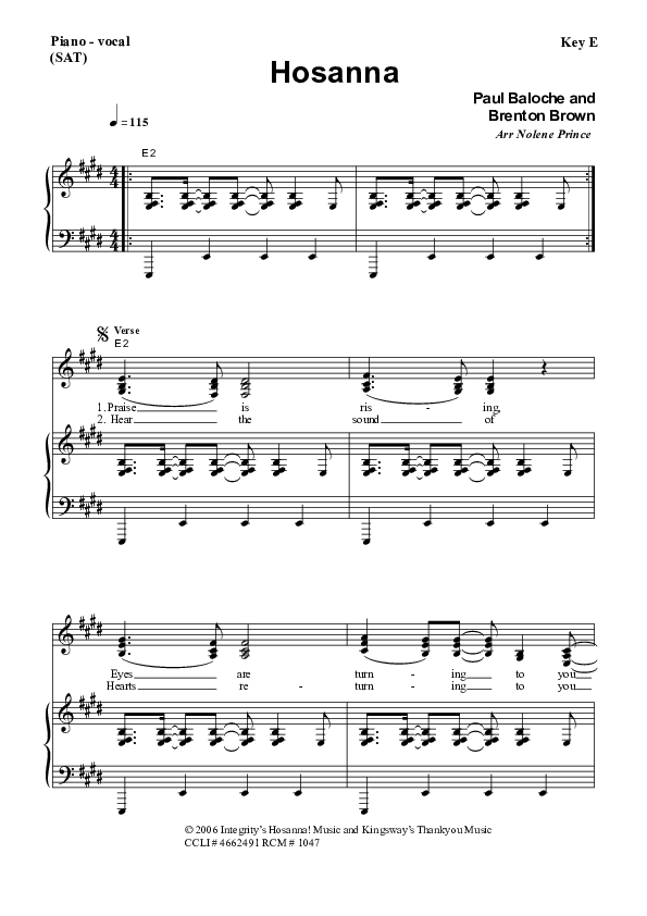 Hosanna (Praise Is Rising) Piano/Vocal (SAT) (Dennis Prince / Nolene Prince)