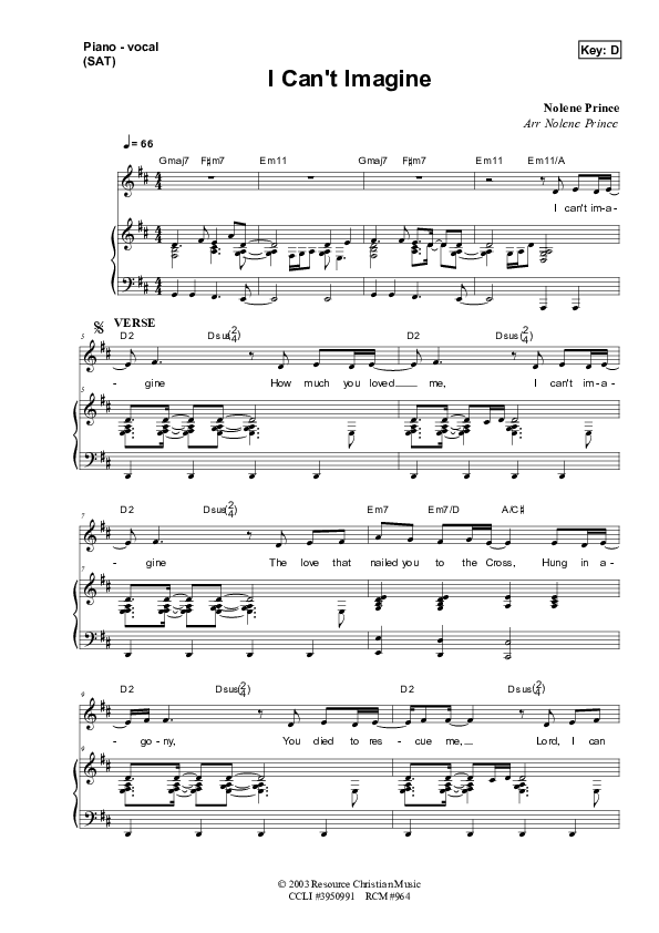 I Can't Imagine Piano/Vocal (SAT) (Dennis Prince / Nolene Prince)
