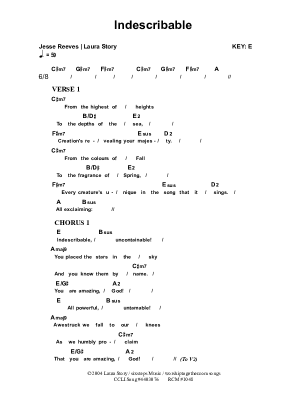 Indescribable Chords & Lyrics (Dennis Prince / Nolene Prince)