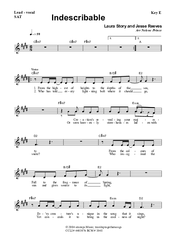 Indescribable Piano/Vocal & Lead (Dennis Prince / Nolene Prince)