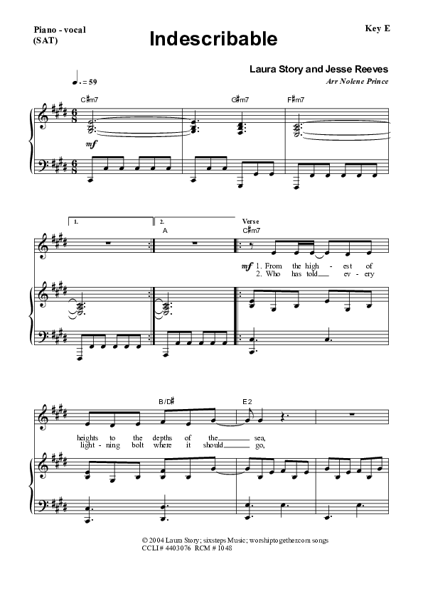 Indescribable Piano/Vocal (SAT) (Dennis Prince / Nolene Prince)