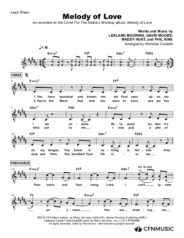 Melody Of Love Lead Sheet (Christ For The Nations / Gabriel Alfred / Leeland Mooring)