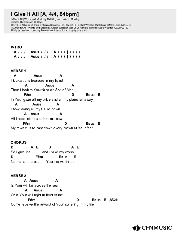 I Give It All Chord Chart (Christ For The Nations / Maddy Hunt / Leeland Mooring)