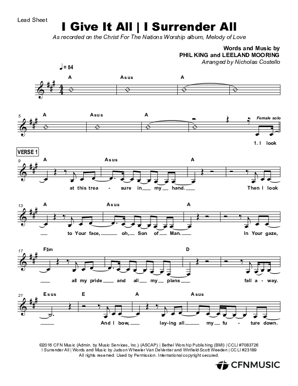 I Give It All Lead Sheet (Christ For The Nations / Maddy Hunt / Leeland Mooring)