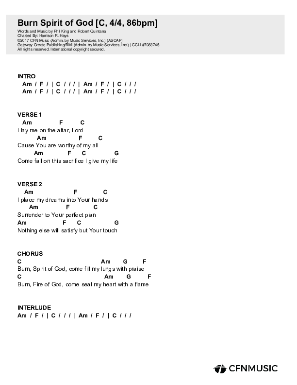 Burn Spirit Of God Chords & Lyrics (Christ For The Nations / Leeland Mooring)