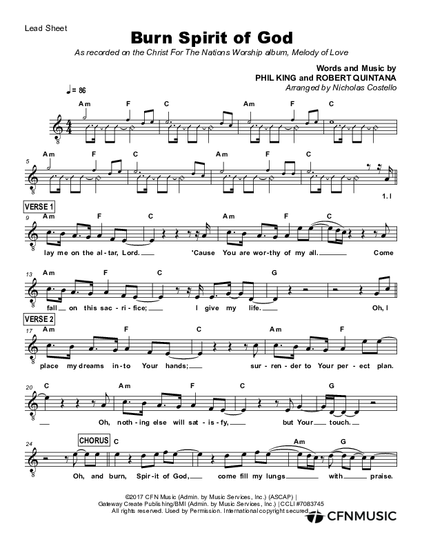 Burn Spirit Of God Lead Sheet (Christ For The Nations / Leeland Mooring)