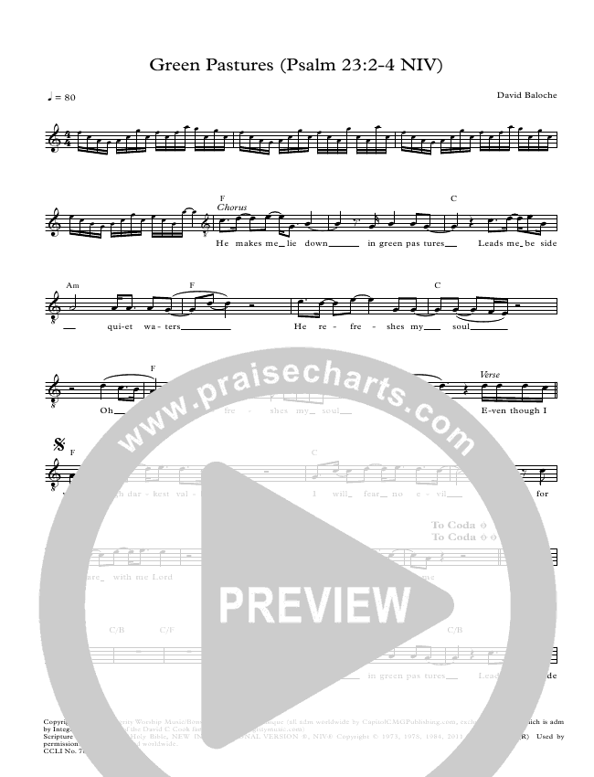 Green Pastures Sheet Music David Baloche Praisecharts Surely your goodness and love will follow me all the days of. green pastures sheet music david