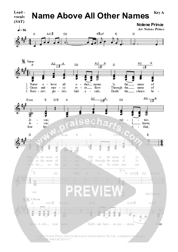 Name Above All Other Names Piano/Vocal & Lead (Dennis Prince / Nolene Prince)