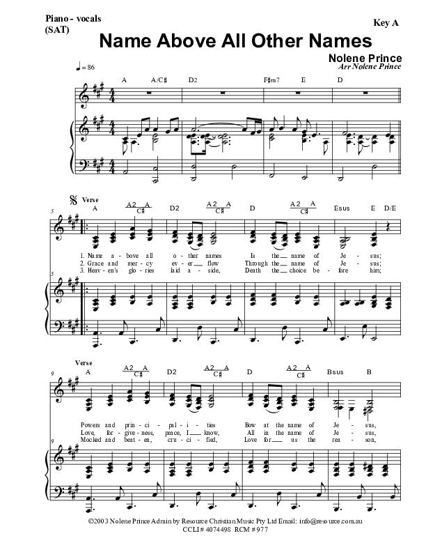 Name Above All Other Names Piano/Vocal & Lead (Dennis Prince / Nolene Prince)