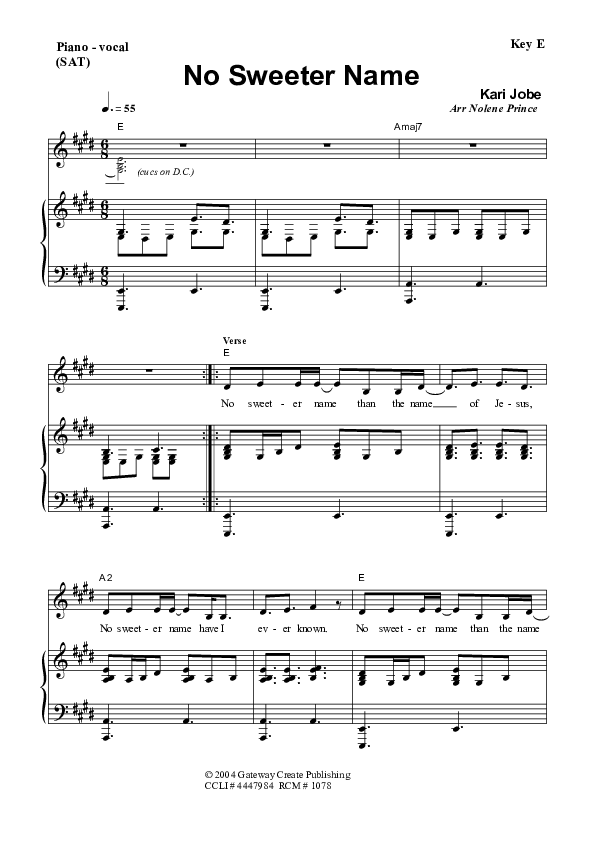 No Sweeter Name Piano/Vocal (SAT) (Dennis Prince / Nolene Prince)