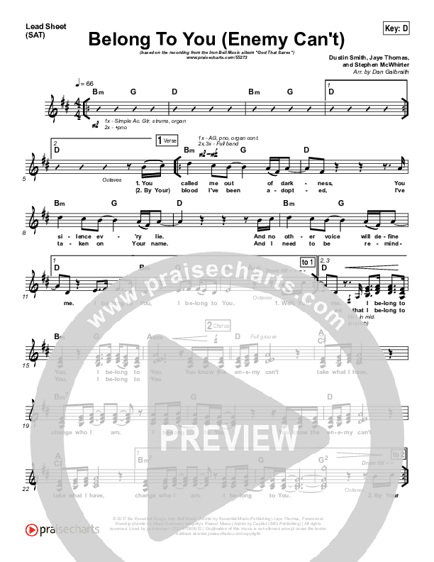 Belong To You (Enemy Can't) Lead Sheet (SAT) (Iron Bell Music)
