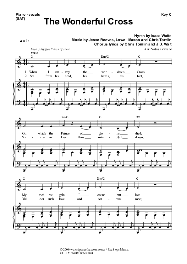 The Wonderful Cross Piano/Vocal (SAT) (Dennis Prince / Nolene Prince)