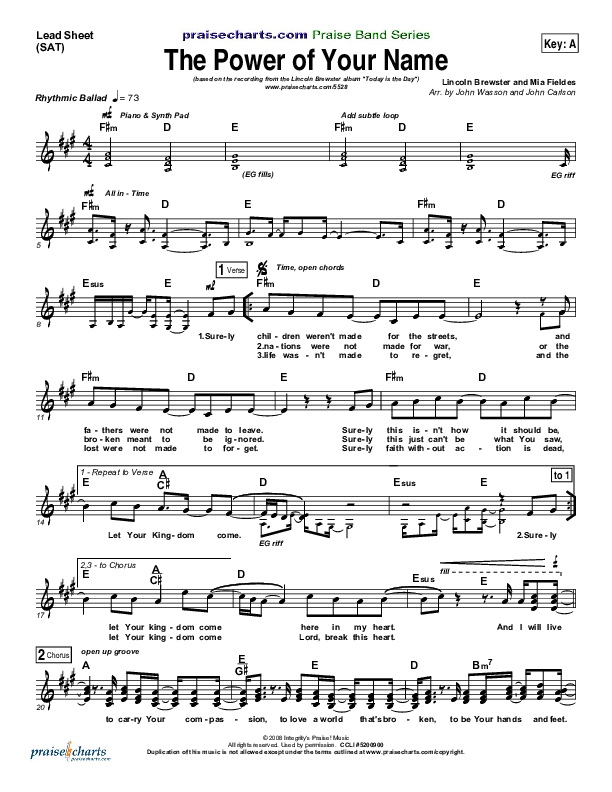 The Power Of Your Name Lead Sheet (SAT) (Lincoln Brewster)